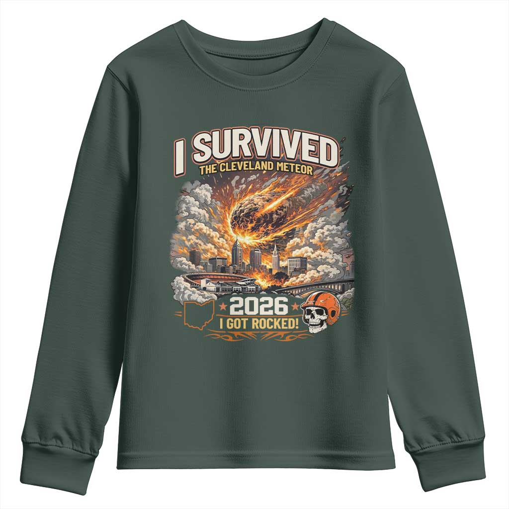 I Survived The Cleveland Meteor 2026 Youth Sweatshirt Funny Ohio Apocalypse Meme Vintage Football Fan Humor TS02 Dark Forest Green Print Your Wear