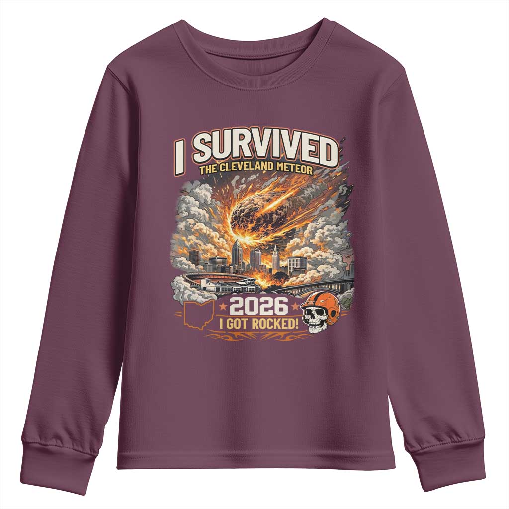 I Survived The Cleveland Meteor 2026 Youth Sweatshirt Funny Ohio Apocalypse Meme Vintage Football Fan Humor TS02 Maroon Print Your Wear