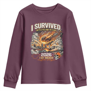 I Survived The Cleveland Meteor 2026 Youth Sweatshirt Funny Ohio Apocalypse Meme Vintage Football Fan Humor TS02 Maroon Print Your Wear