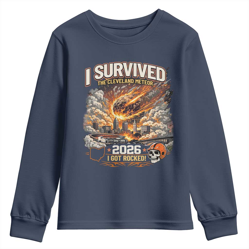 I Survived The Cleveland Meteor 2026 Youth Sweatshirt Funny Ohio Apocalypse Meme Vintage Football Fan Humor TS02 Navy Print Your Wear