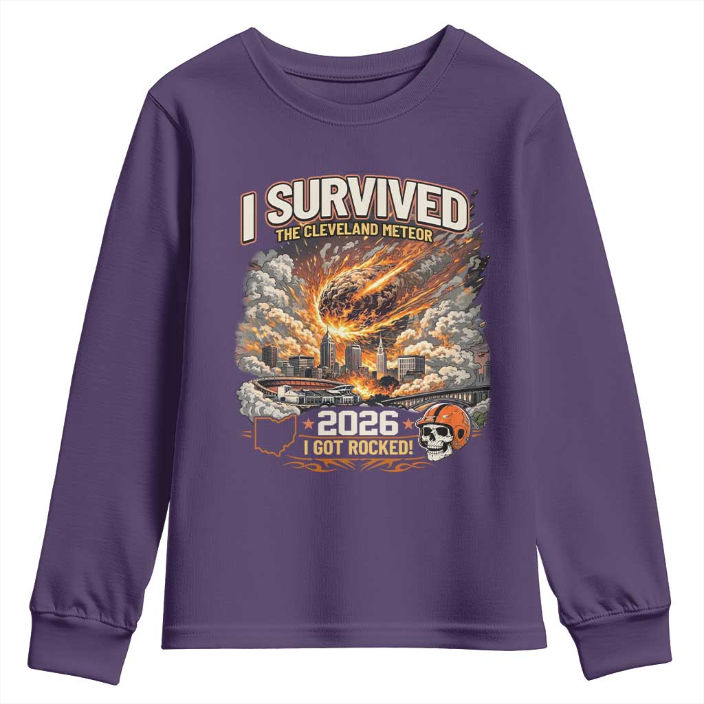 I Survived The Cleveland Meteor 2026 Youth Sweatshirt Funny Ohio Apocalypse Meme Vintage Football Fan Humor TS02 Purple Print Your Wear