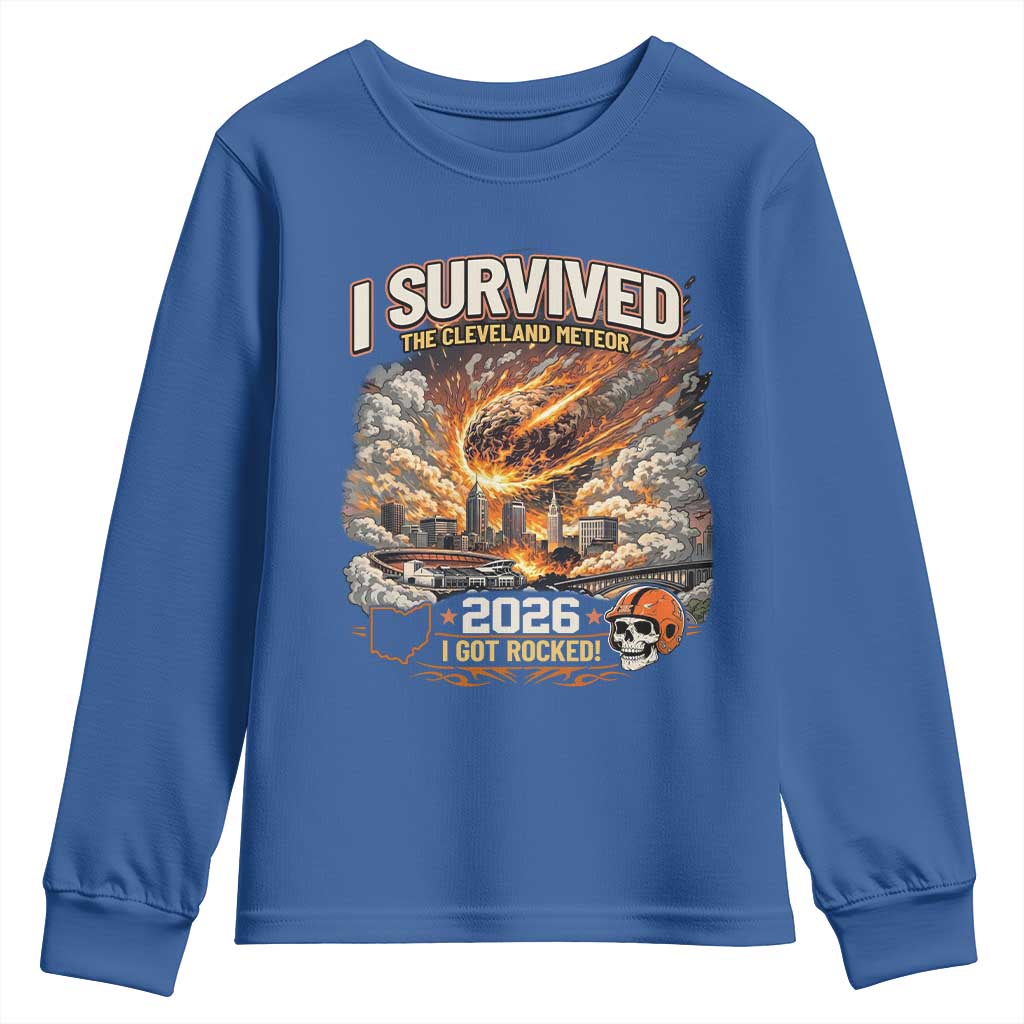 I Survived The Cleveland Meteor 2026 Youth Sweatshirt Funny Ohio Apocalypse Meme Vintage Football Fan Humor TS02 Royal Blue Print Your Wear