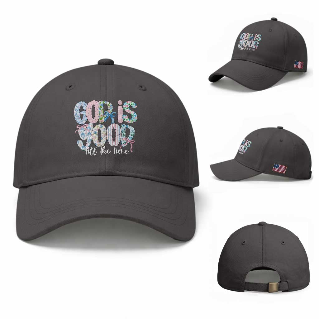 God Is Good All The Time Coquette Christian Faith Baseball Cap Floral Patchwork Aesthetic Bow Cute Religious Gift TS02 Baseball Cap Universal Fit Dark Gray Print Your Wear
