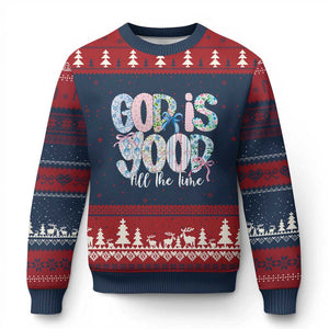 God Is Good All The Time Coquette Christian Faith Ugly Christmas Sweater Floral Patchwork Aesthetic Bow Cute Religious Gift TS02 Navy Red Print Your Wear