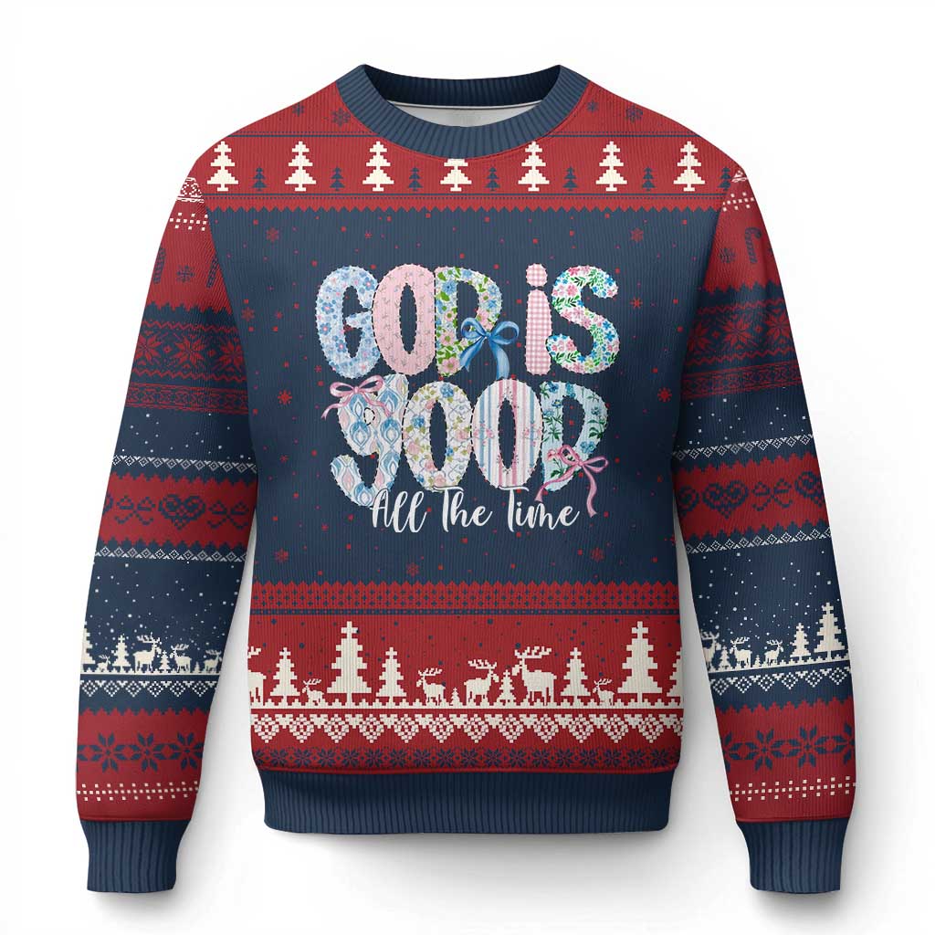 God Is Good All The Time Coquette Christian Faith Ugly Christmas Sweater Floral Patchwork Aesthetic Bow Cute Religious Gift TS02 Navy Red Print Your Wear