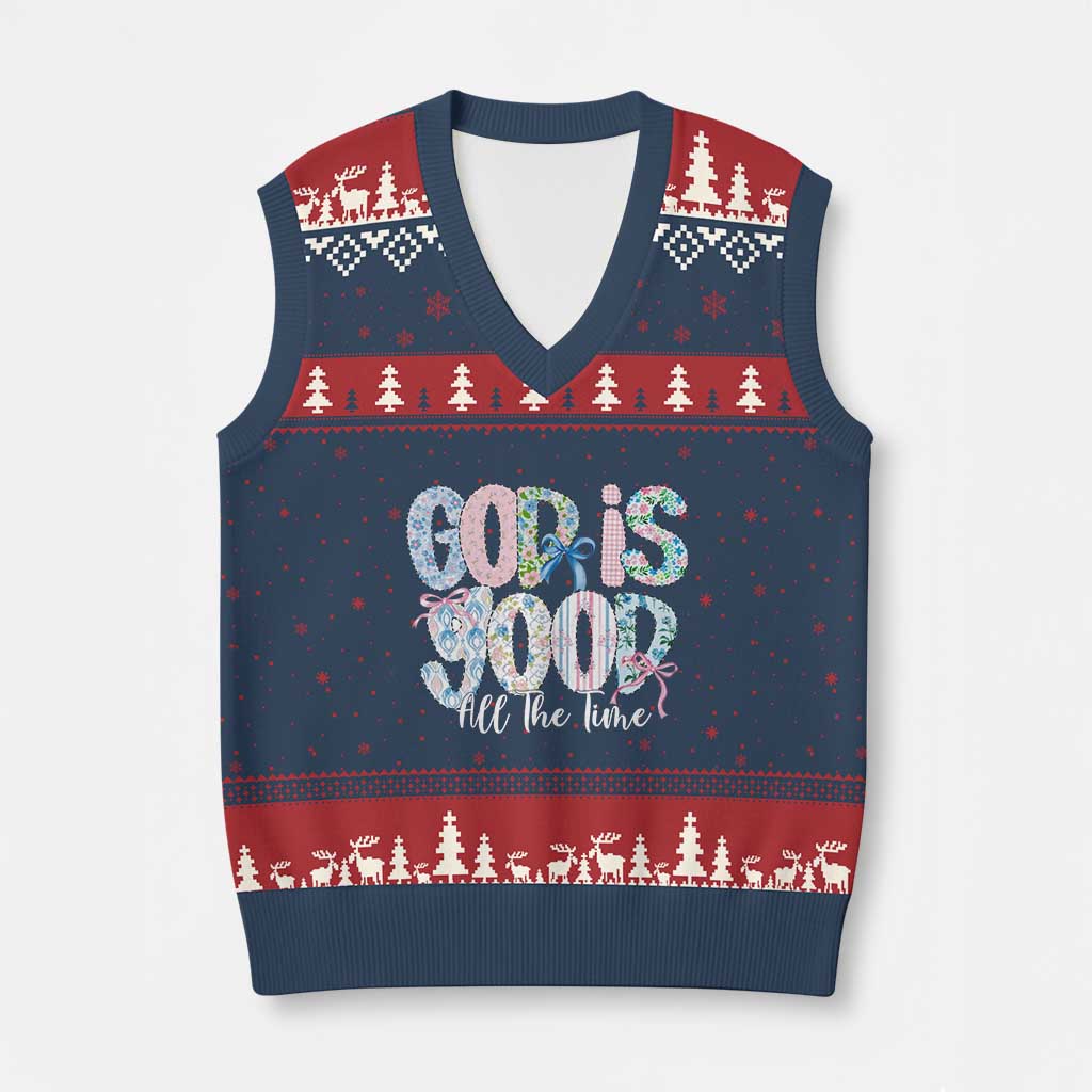 God Is Good All The Time Coquette Christian Faith V-Neck Knit Sweater Vest Floral Patchwork Aesthetic Bow Cute Religious Gift TS02 Navy Red Print Your Wear