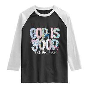 God Is Good All The Time Coquette Christian Faith Raglan Shirt Floral Patchwork Aesthetic Bow Cute Religious Gift TS02 Black White Print Your Wear