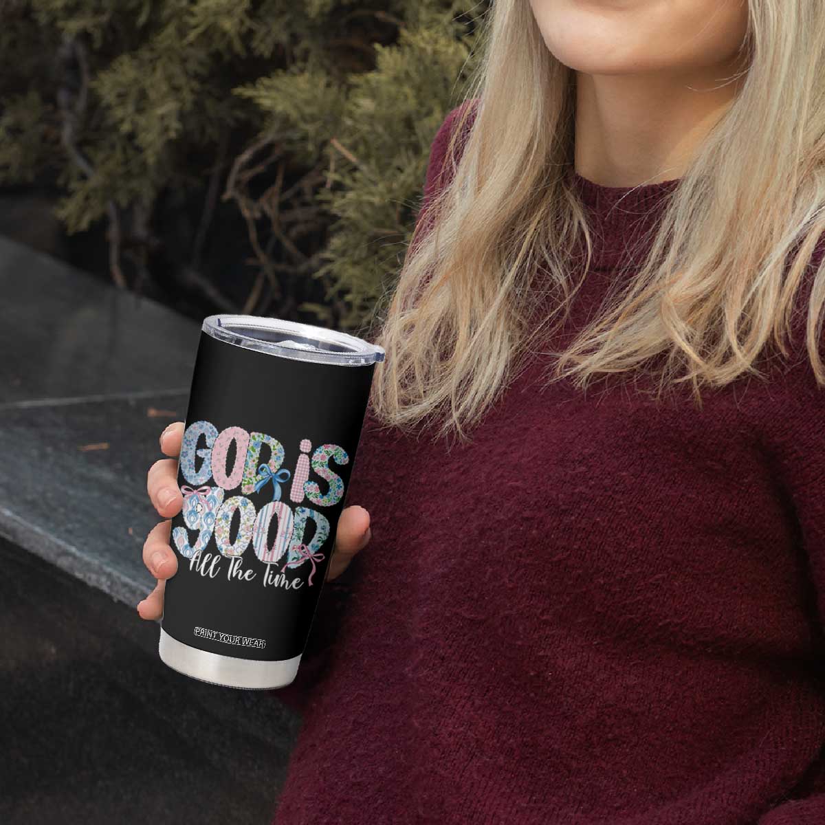 God Is Good All The Time Coquette Christian Faith Tumbler Cup Floral Patchwork Aesthetic Bow Cute Religious Gift TS02 Print Your Wear