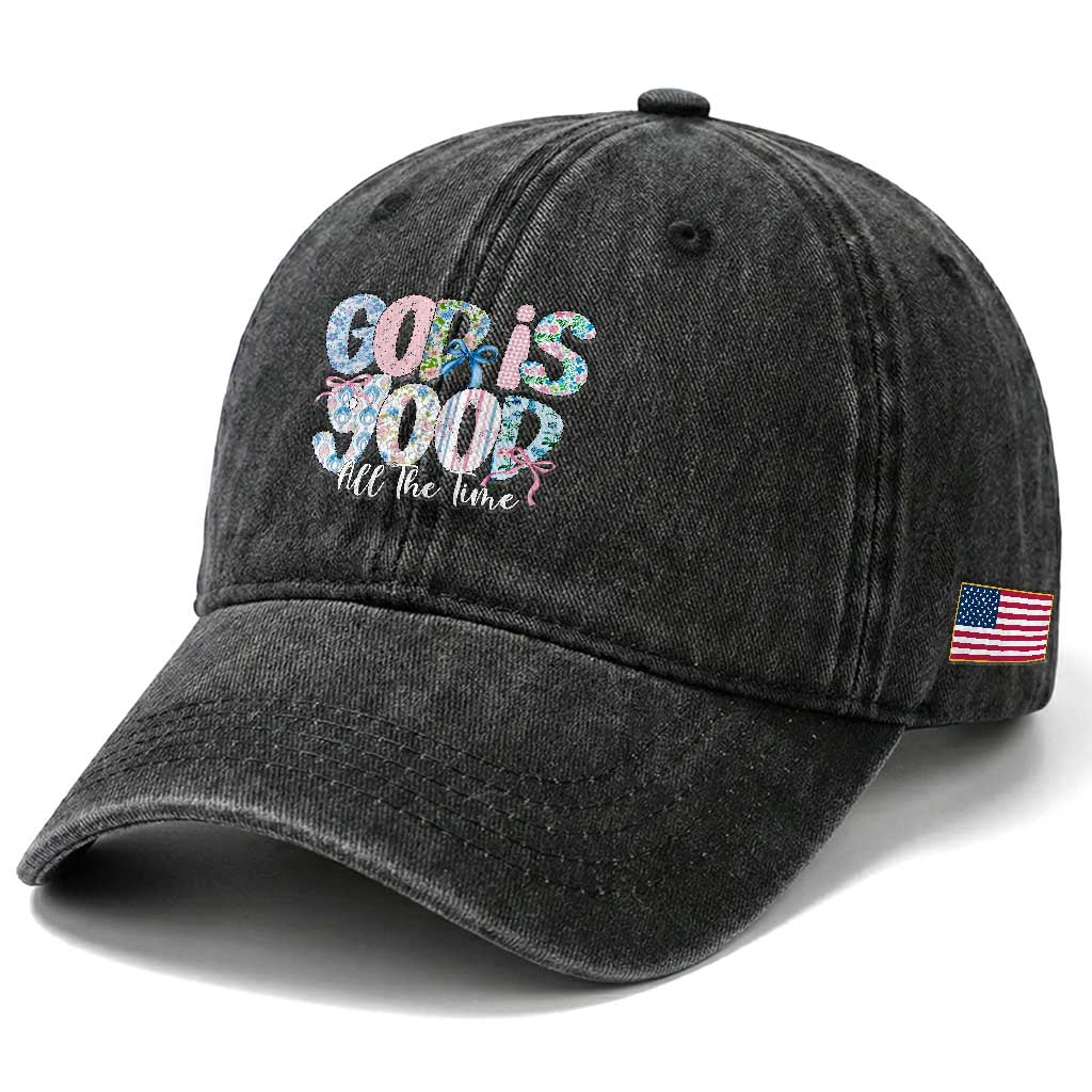 God Is Good All The Time Coquette Christian Faith Washed Cotton Baseball Cap Floral Patchwork Aesthetic Bow Cute Religious Gift TS02 Print Your Wear