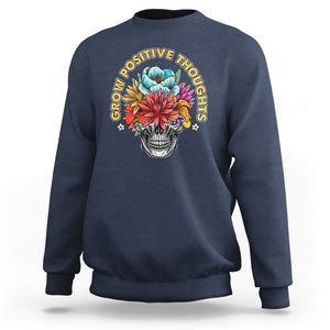 Mental Health Matters Sweatshirt Grow Positive Thoughts Mental Health Awareness Groovy Retro Floral Skull With Flowers TS02 Navy Printyourwear