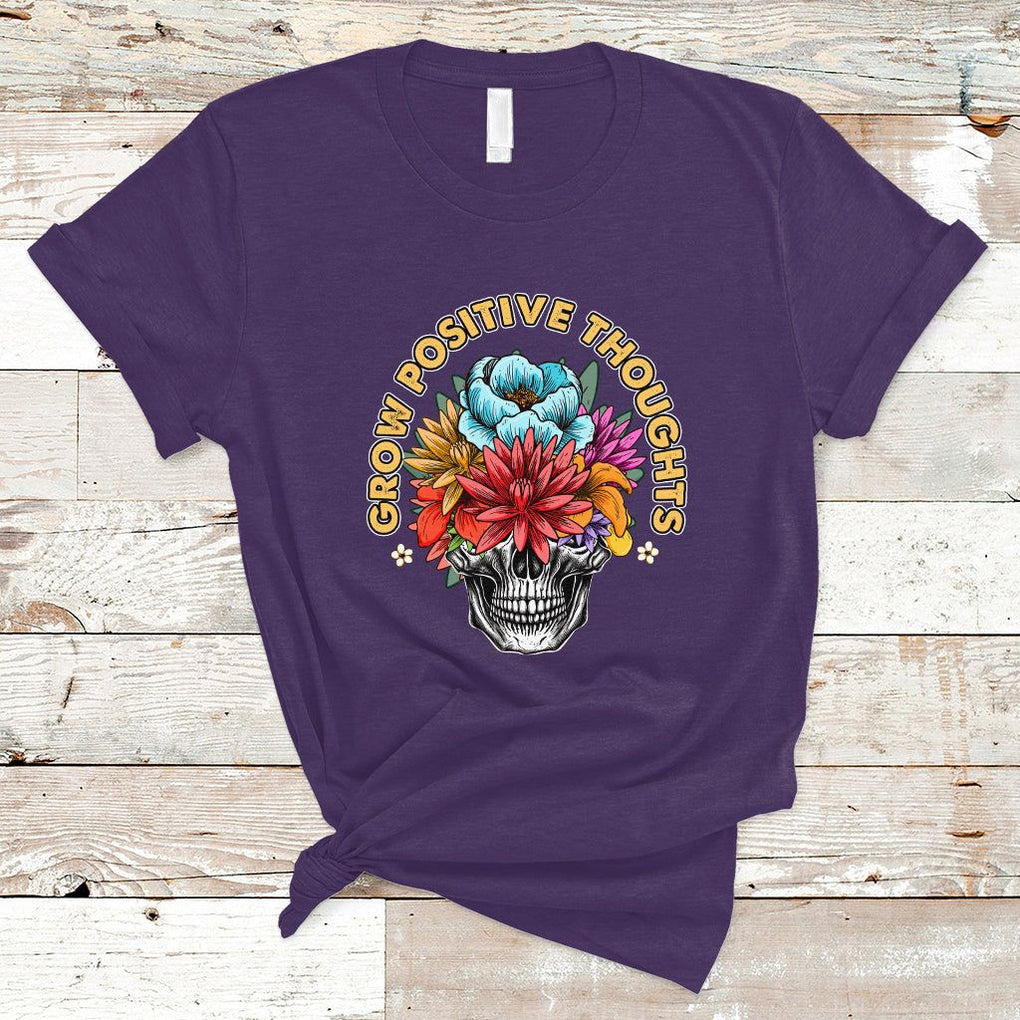 Mental Health Matters T Shirt Grow Positive Thoughts Mental Health Awareness Groovy Retro Floral Skull With Flowers TS02 Purple Printyourwear