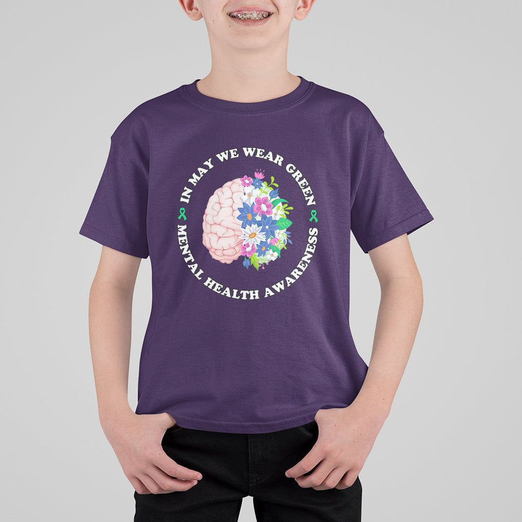 Mental Health Matters T Shirt For Kid Mental Health Matters In May We Wear Green Mental Health Awareness Floral Human Brain With Flowers TS02 Purple Printyourwear