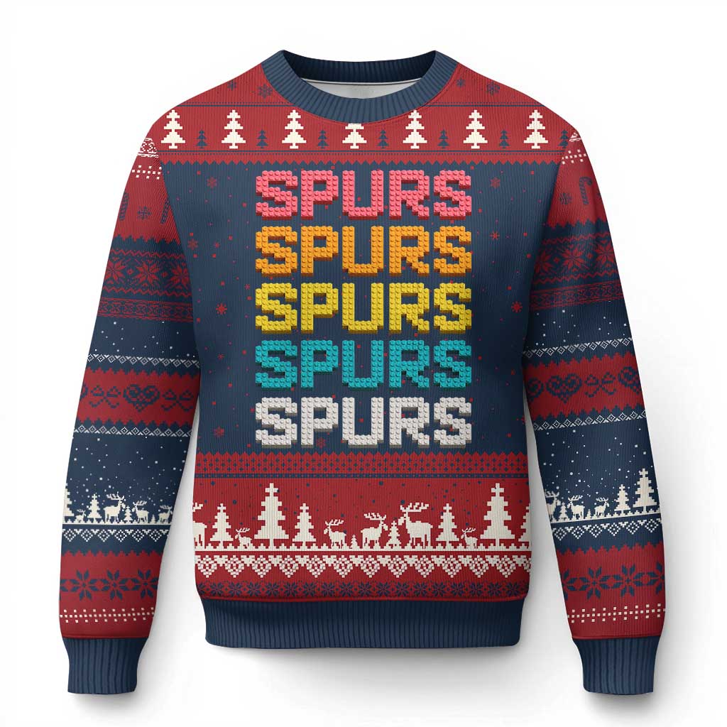 Retro Stacked Block Spurs Name Colorful Toy Brick Ugly Christmas Sweater for Sports Fan TS02 Navy Red Print Your Wear