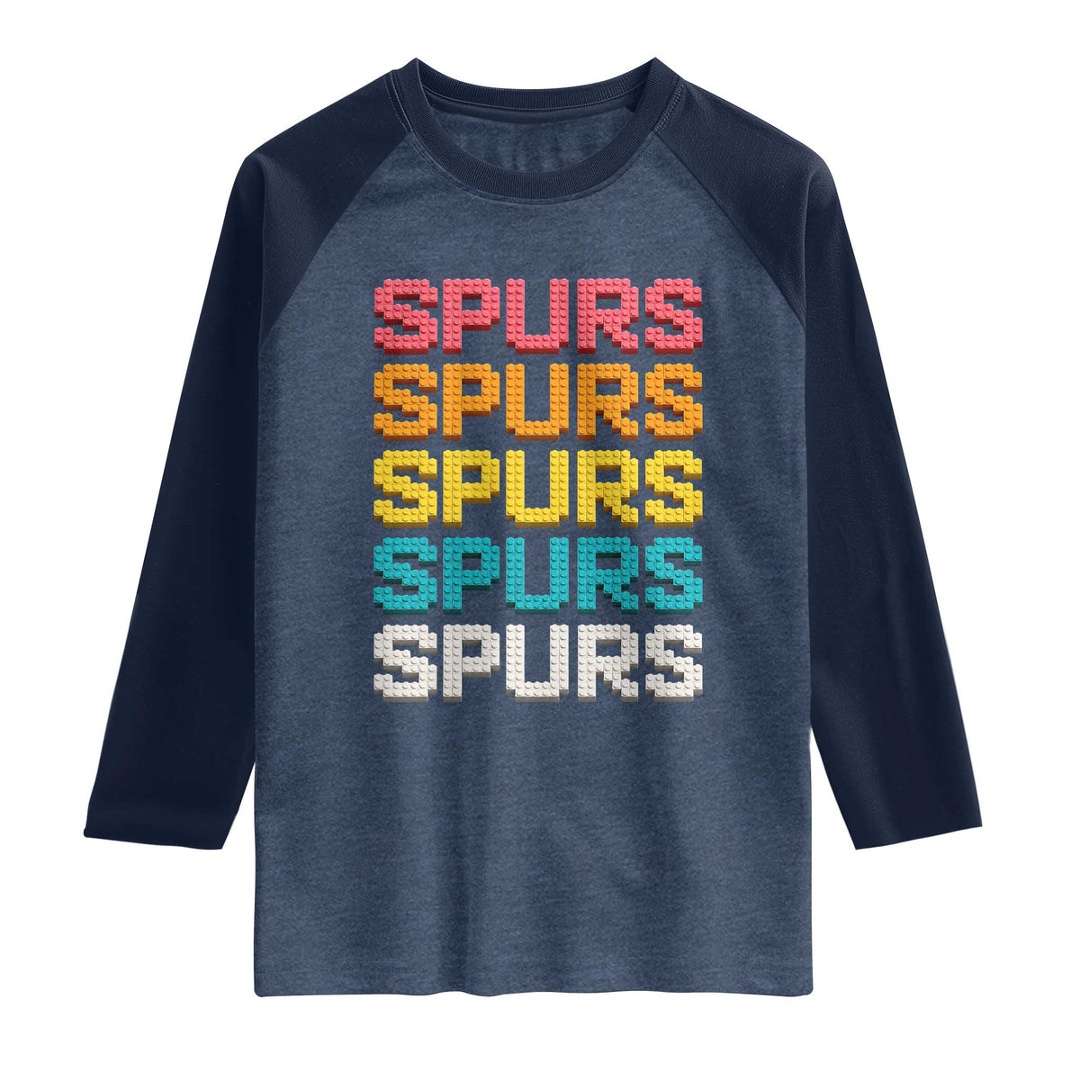 Retro Stacked Block Spurs Name Colorful Toy Brick Raglan Shirt for Sports Fan TS02 Heather Denim Navy Print Your Wear