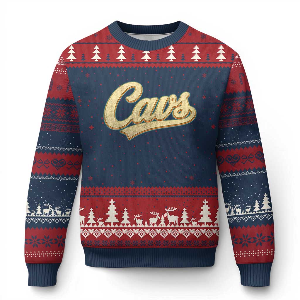 Vintage Cavs Name Script Ugly Christmas Sweater for Sports Fan TS02 Navy Red Print Your Wear