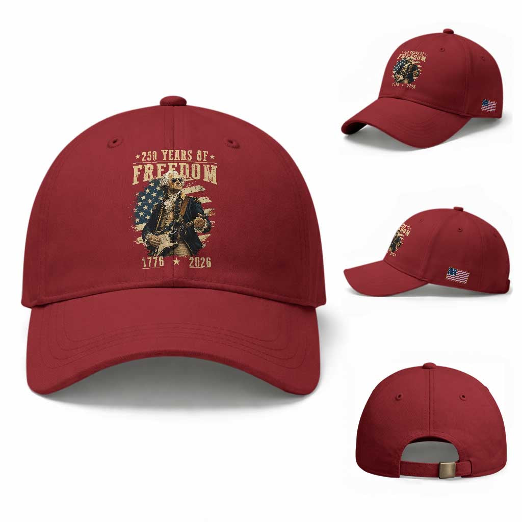 250 Years of Freedom George Washington Rock Star Baseball Cap Funny Electric Guitar Player Vintage American Flag 1776 to 2026 Semiquincentennial TS02 Baseball Cap Universal Fit Cherry Red Print Your Wear