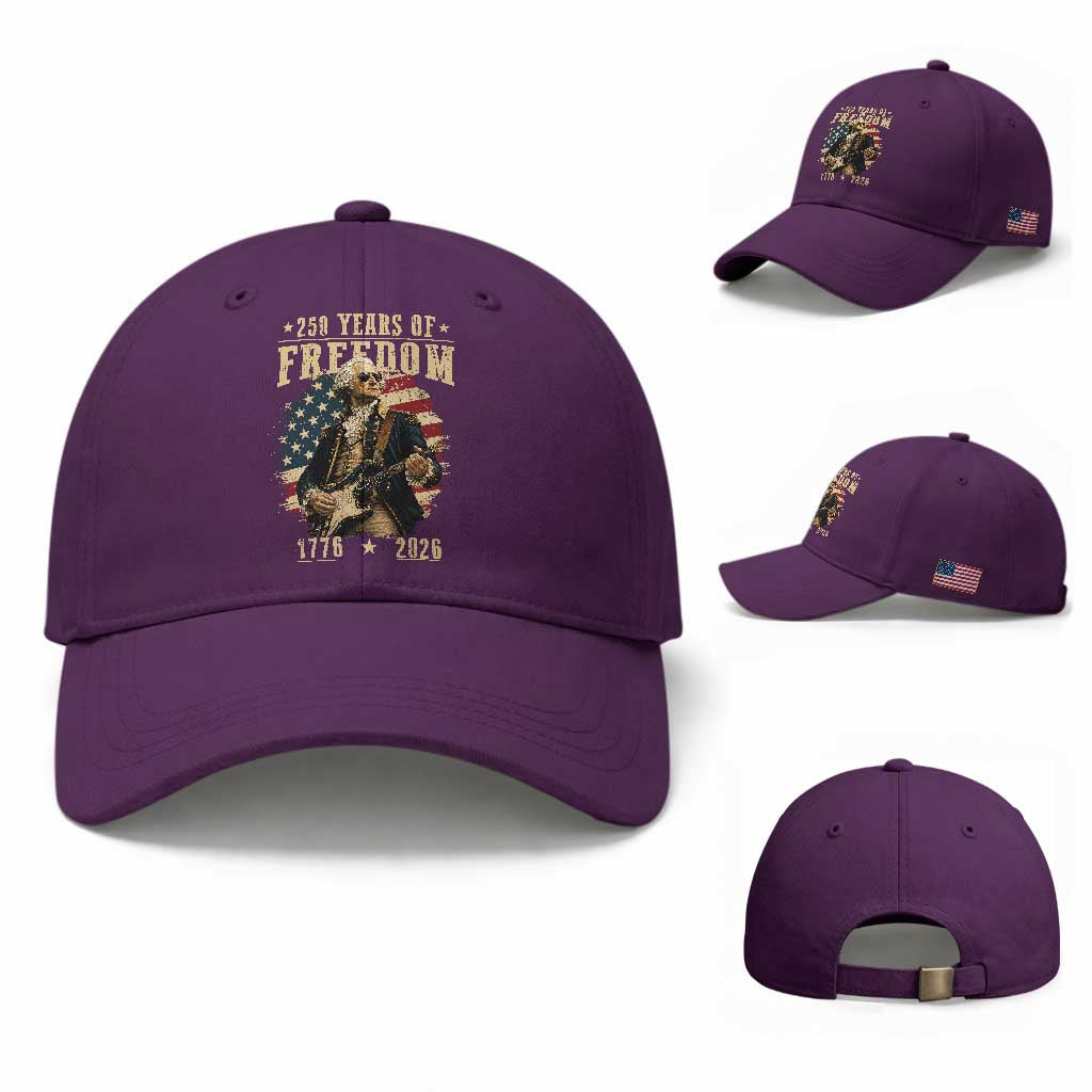 250 Years of Freedom George Washington Rock Star Baseball Cap Funny Electric Guitar Player Vintage American Flag 1776 to 2026 Semiquincentennial TS02 Baseball Cap Universal Fit Purple Print Your Wear