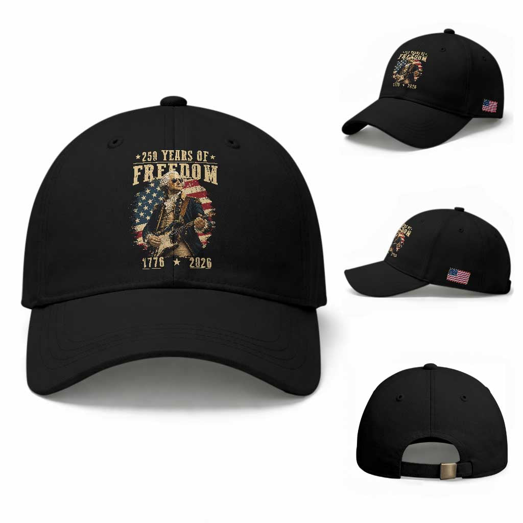 250 Years of Freedom George Washington Rock Star Baseball Cap Funny Electric Guitar Player Vintage American Flag 1776 to 2026 Semiquincentennial TS02 Baseball Cap Universal Fit Black Print Your Wear