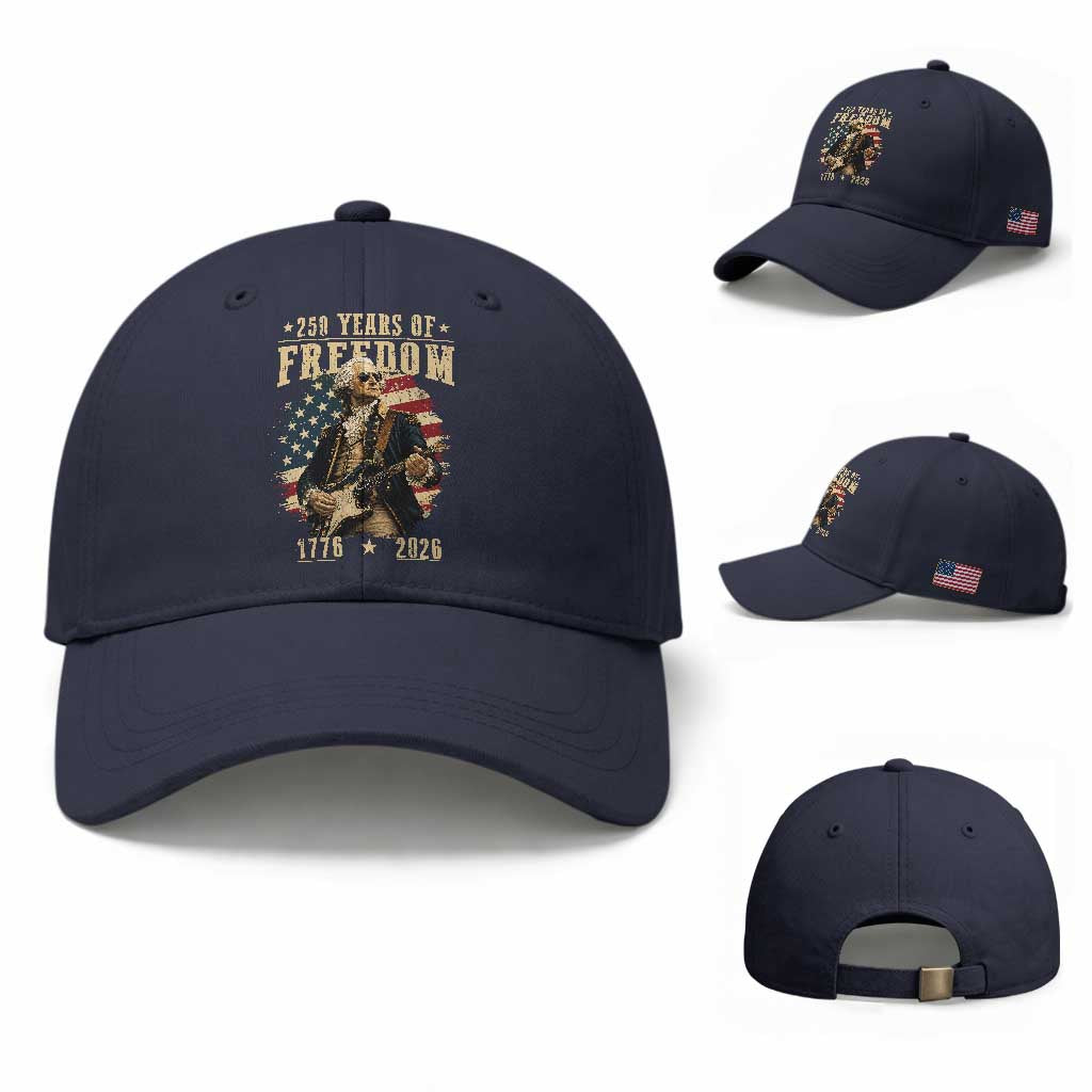 250 Years of Freedom George Washington Rock Star Baseball Cap Funny Electric Guitar Player Vintage American Flag 1776 to 2026 Semiquincentennial TS02 Baseball Cap Universal Fit Navy Print Your Wear