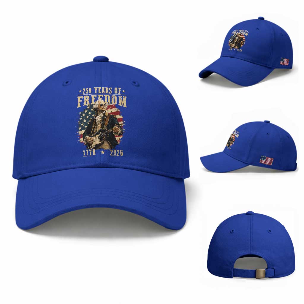250 Years of Freedom George Washington Rock Star Baseball Cap Funny Electric Guitar Player Vintage American Flag 1776 to 2026 Semiquincentennial TS02 Baseball Cap Universal Fit Royal Blue Print Your Wear