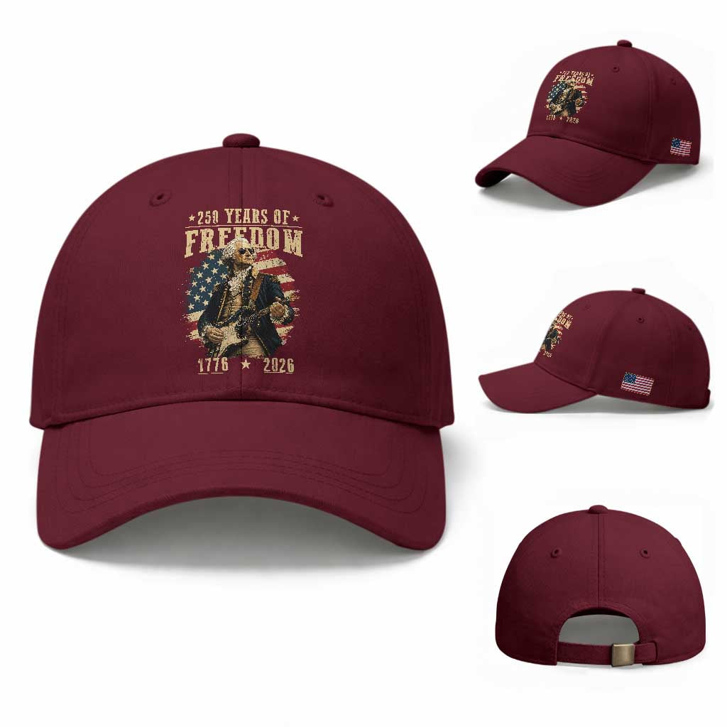 250 Years of Freedom George Washington Rock Star Baseball Cap Funny Electric Guitar Player Vintage American Flag 1776 to 2026 Semiquincentennial TS02 Baseball Cap Universal Fit Maroon Print Your Wear