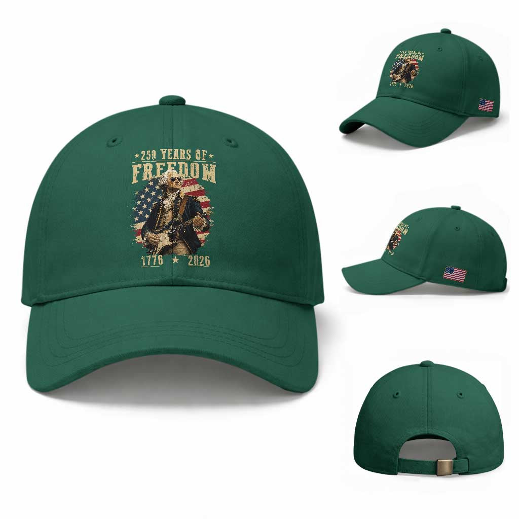 250 Years of Freedom George Washington Rock Star Baseball Cap Funny Electric Guitar Player Vintage American Flag 1776 to 2026 Semiquincentennial TS02 Baseball Cap Universal Fit Irish Green Print Your Wear