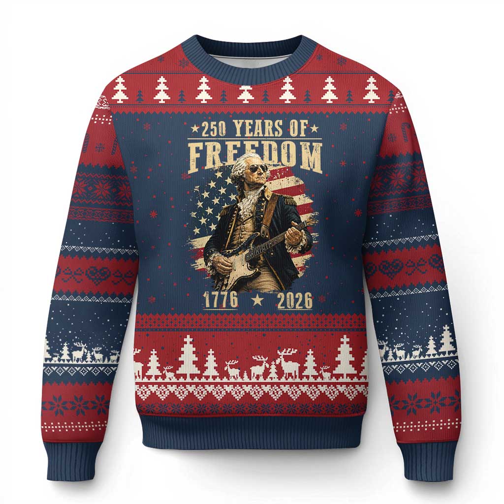 250 Years of Freedom George Washington Rock Star Ugly Christmas Sweater Funny Electric Guitar Player Vintage American Flag 1776 to 2026 Semiquincentennial TS02 Navy Red Print Your Wear