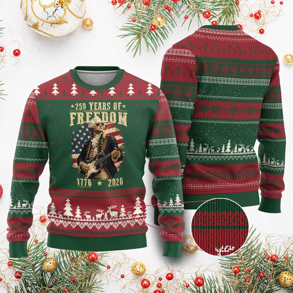 250 Years of Freedom George Washington Rock Star Ugly Christmas Sweater Funny Electric Guitar Player Vintage American Flag 1776 to 2026 Semiquincentennial TS02 Red Green Print Your Wear