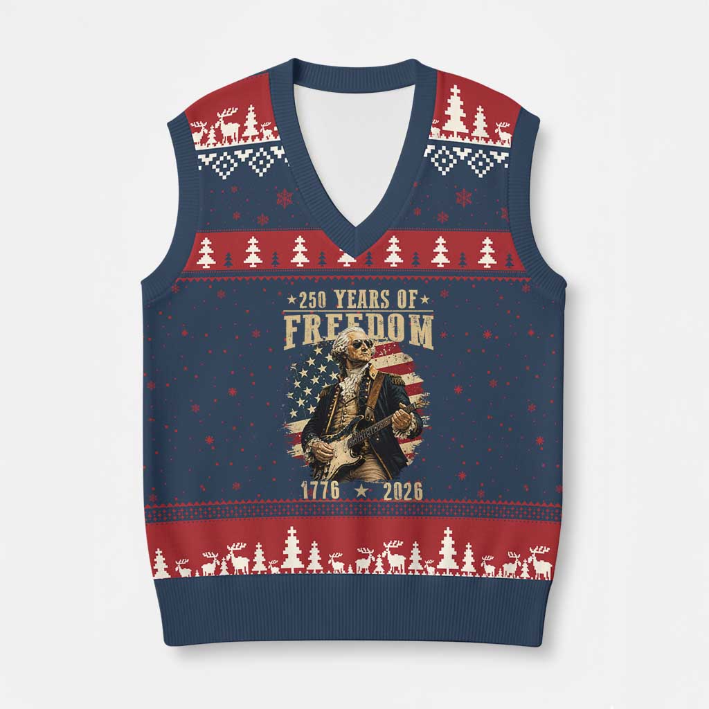 250 Years of Freedom George Washington Rock Star V-Neck Knit Sweater Vest Funny Electric Guitar Player Vintage American Flag 1776 to 2026 Semiquincentennial TS02 Navy Red Print Your Wear