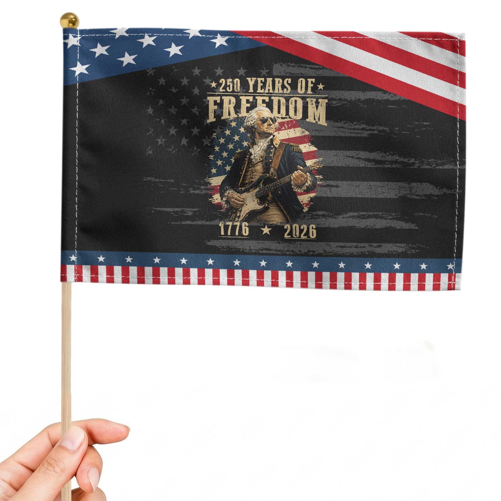 250 Years of Freedom George Washington Rock Star Patriotic Handheld Flag Funny Electric Guitar Player Vintage American Flag 1776 to 2026 Semiquincentennial TS02 Distressed 8.2