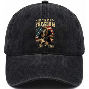 250 Years of Freedom George Washington Rock Star Washed Cotton Baseball Cap Funny Electric Guitar Player Vintage American Flag 1776 to 2026 Semiquincentennial TS02 Print Your Wear