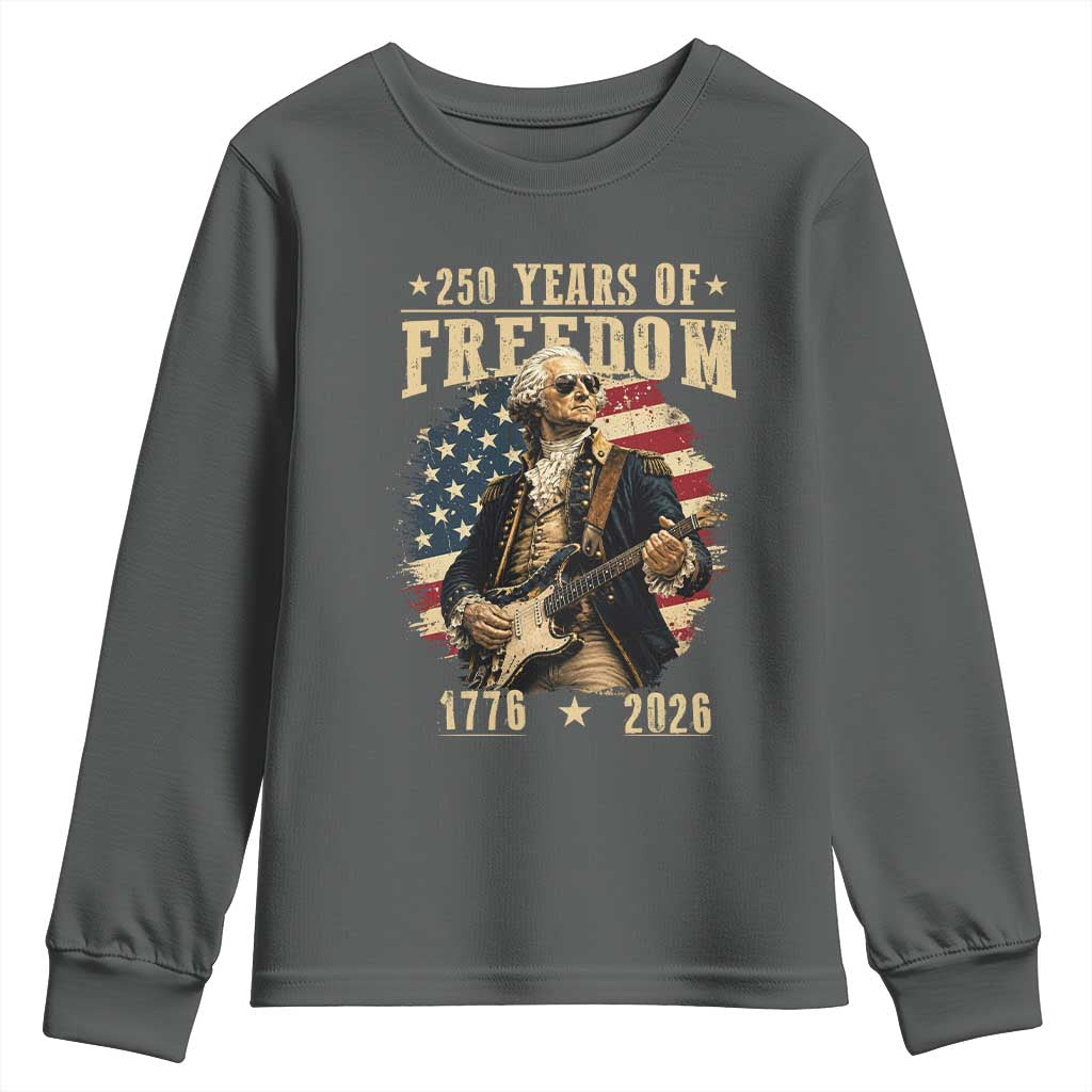 250 Years of Freedom George Washington Rock Star Youth Sweatshirt Funny Electric Guitar Player Vintage American Flag 1776 to 2026 Semiquincentennial TS02 Dark Heather Print Your Wear