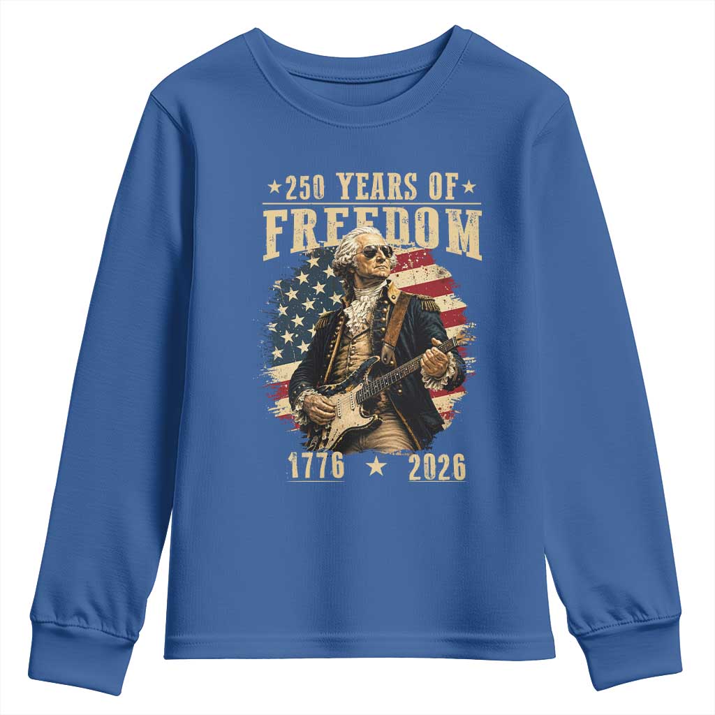 250 Years of Freedom George Washington Rock Star Youth Sweatshirt Funny Electric Guitar Player Vintage American Flag 1776 to 2026 Semiquincentennial TS02 Royal Blue Print Your Wear