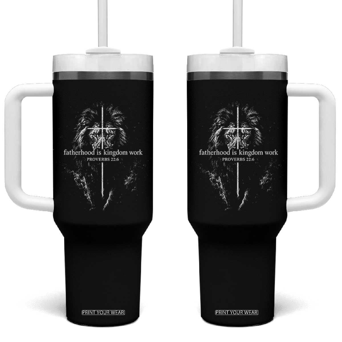 Christian Dad Lion of Judah Cross Spiritual Warrior Tumbler With Handle Fatherhood Is Kingdom Work Proverbs 22:6 Religious Fathers Day