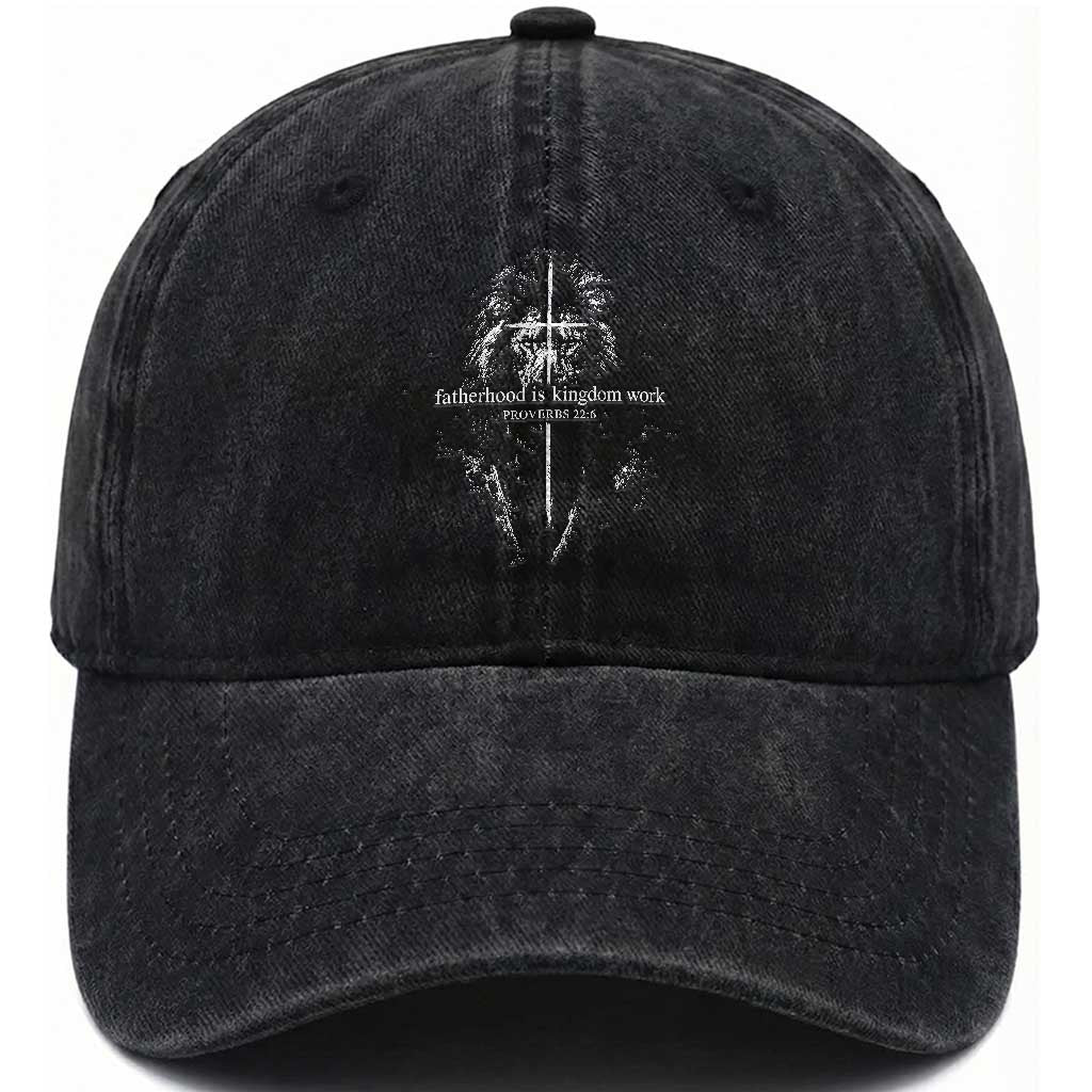 Christian Dad Lion of Judah Cross Spiritual Warrior Washed Cotton Baseball Cap Fatherhood Is Kingdom Work Proverbs 22:6 Religious Fathers Day TS02 Print Your Wear