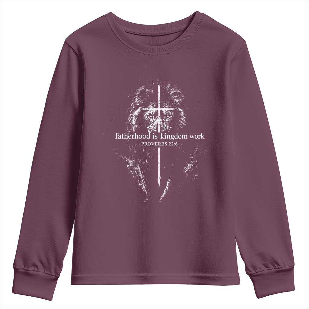 Christian Dad Lion of Judah Cross Spiritual Warrior Youth Sweatshirt Fatherhood Is Kingdom Work Proverbs 22:6 Religious Fathers Day