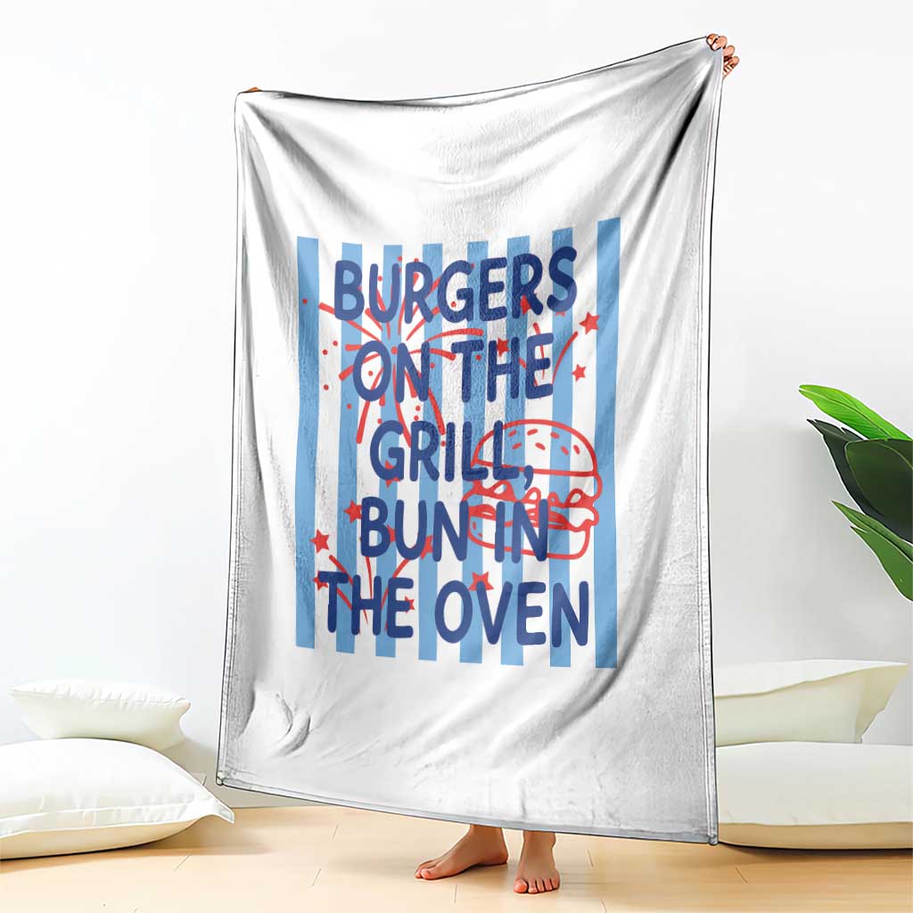 Patriotic 4th of July Pregnancy Announcement Preppy Style Throw Blanket Burgers On The Grill Bun In The Oven Summer BBQ