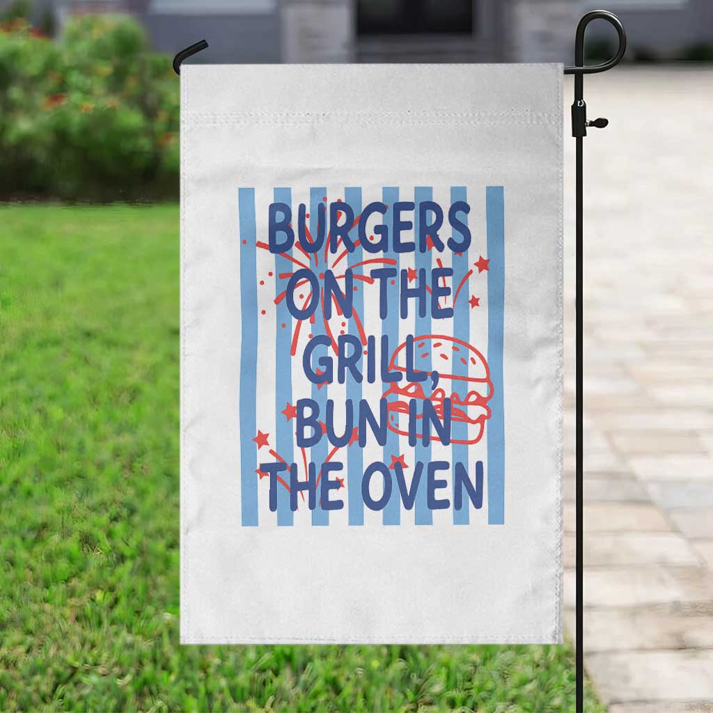 Patriotic 4th of July Pregnancy Announcement Preppy Style Garden Flag Burgers On The Grill Bun In The Oven Summer BBQ