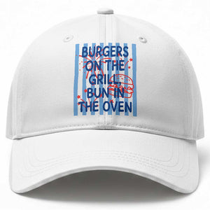 Patriotic 4th of July Pregnancy Announcement Preppy Style Baseball Cap Burgers On The Grill Bun In The Oven Summer BBQ