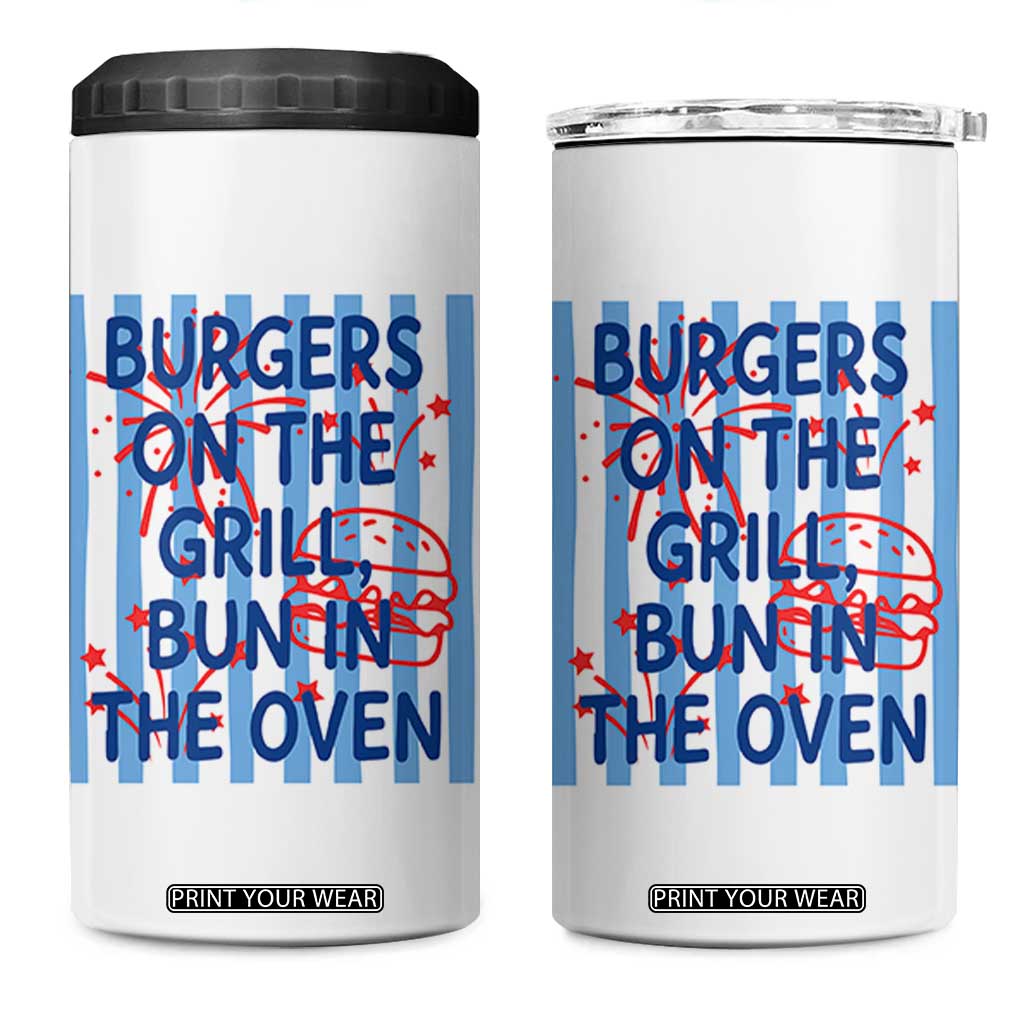 Patriotic 4th of July Pregnancy Announcement Preppy Style 4 in 1 Can Cooler Tumbler Burgers On The Grill Bun In The Oven Summer BBQ
