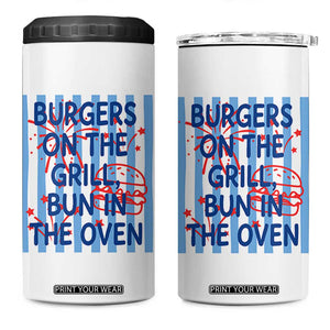 Patriotic 4th of July Pregnancy Announcement Preppy Style 4 in 1 Can Cooler Tumbler Burgers On The Grill Bun In The Oven Summer BBQ