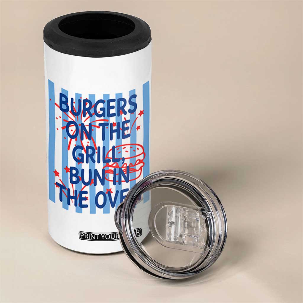 Patriotic 4th of July Pregnancy Announcement Preppy Style 4 in 1 Can Cooler Tumbler Burgers On The Grill Bun In The Oven Summer BBQ