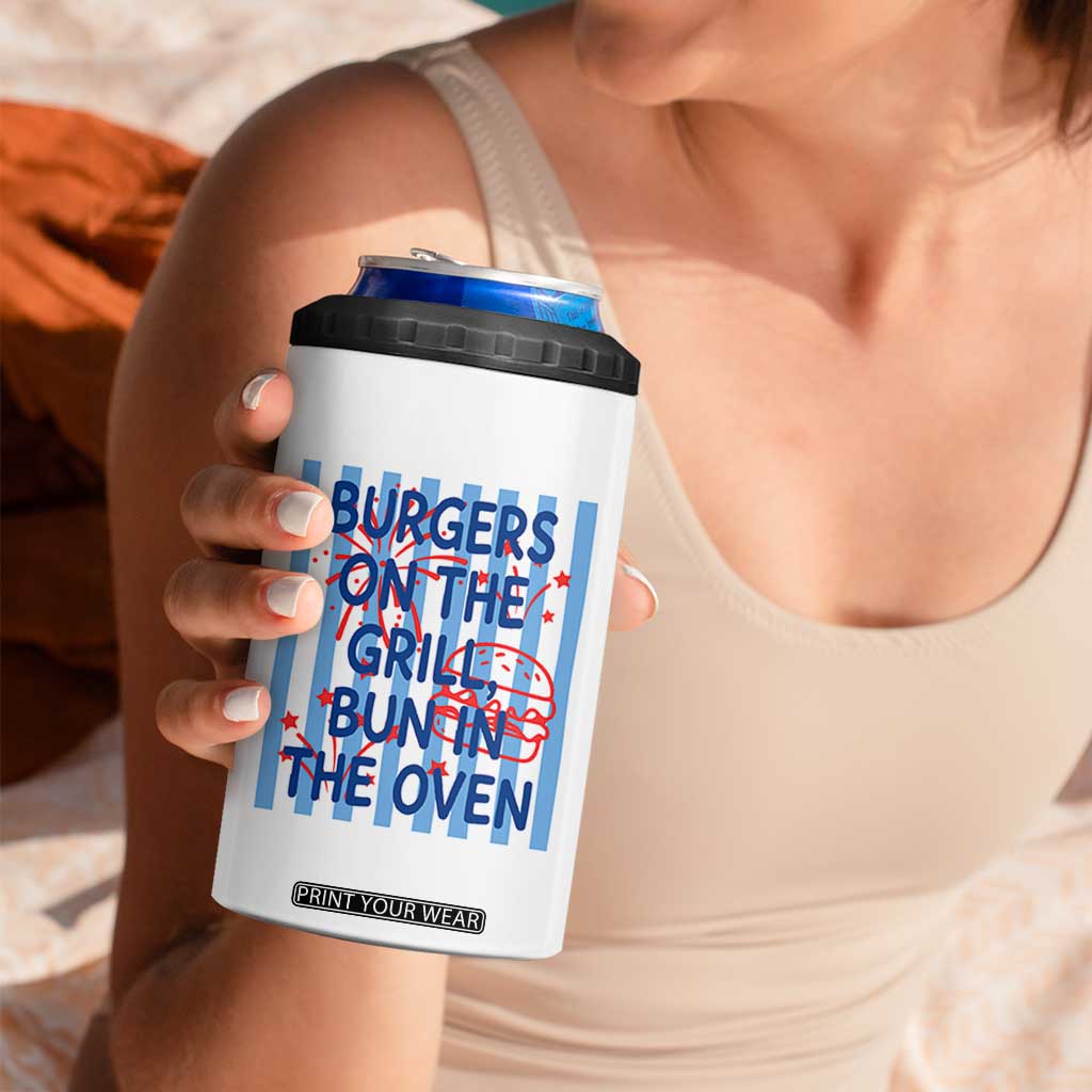 Patriotic 4th of July Pregnancy Announcement Preppy Style 4 in 1 Can Cooler Tumbler Burgers On The Grill Bun In The Oven Summer BBQ