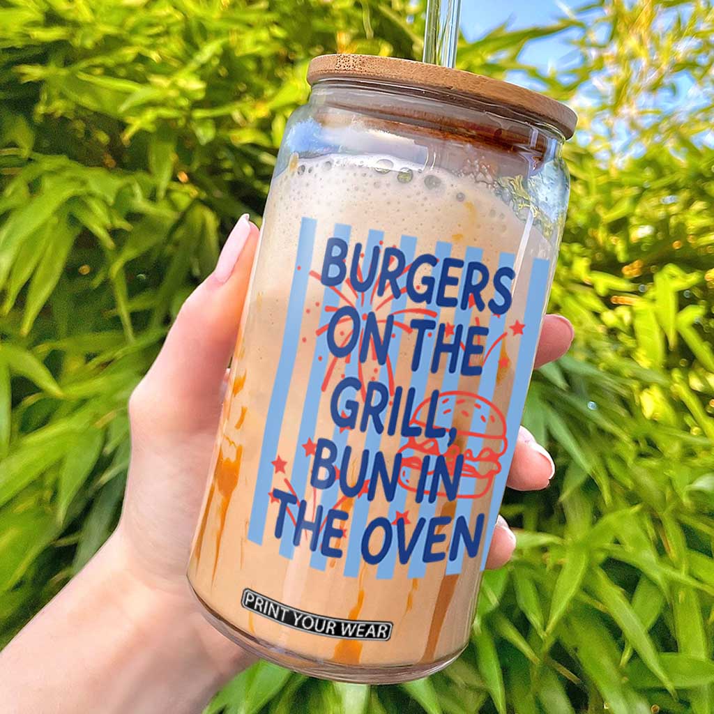 Patriotic 4th of July Pregnancy Announcement Preppy Style Glass Can Burgers On The Grill Bun In The Oven Summer BBQ