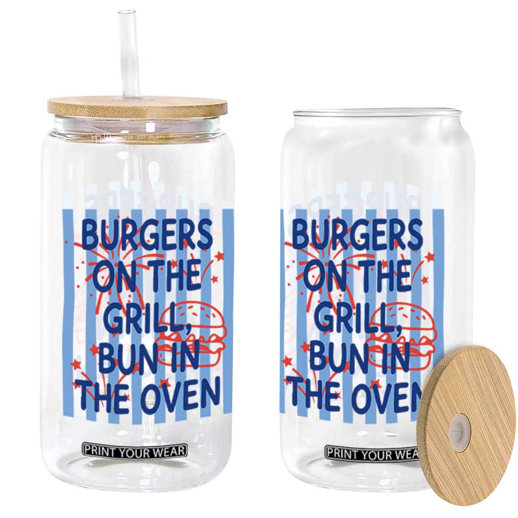 Patriotic 4th of July Pregnancy Announcement Preppy Style Glass Can Burgers On The Grill Bun In The Oven Summer BBQ