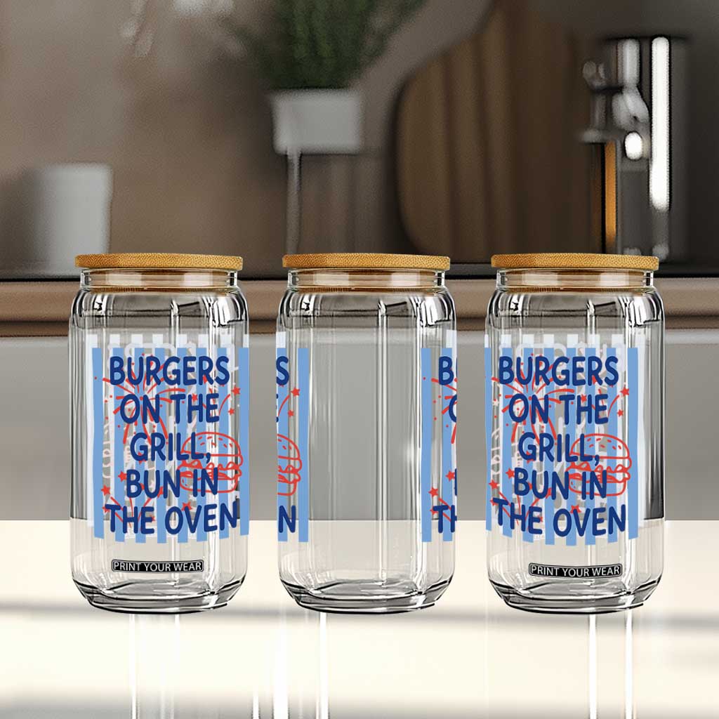 Patriotic 4th of July Pregnancy Announcement Preppy Style Glass Can Burgers On The Grill Bun In The Oven Summer BBQ