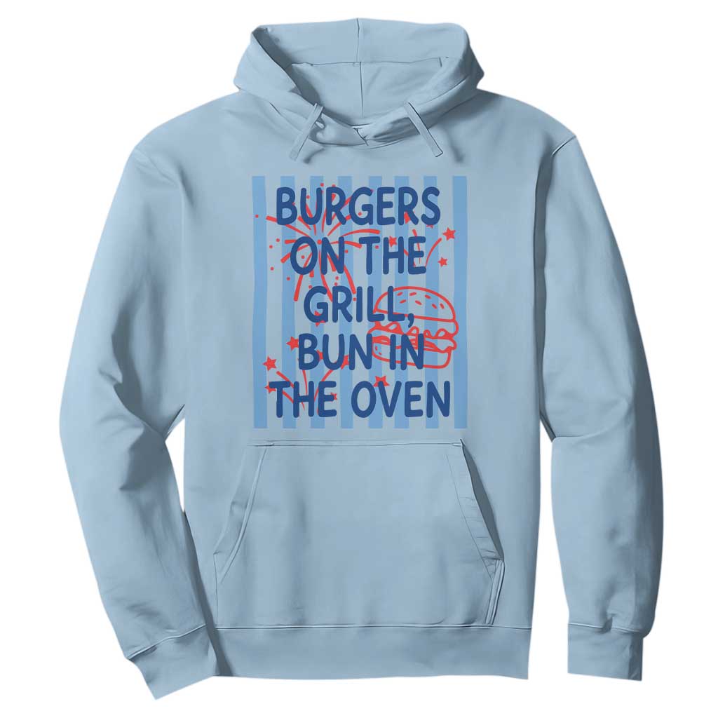 Patriotic 4th of July Pregnancy Announcement Preppy Style Hoodie Burgers On The Grill Bun In The Oven Summer BBQ