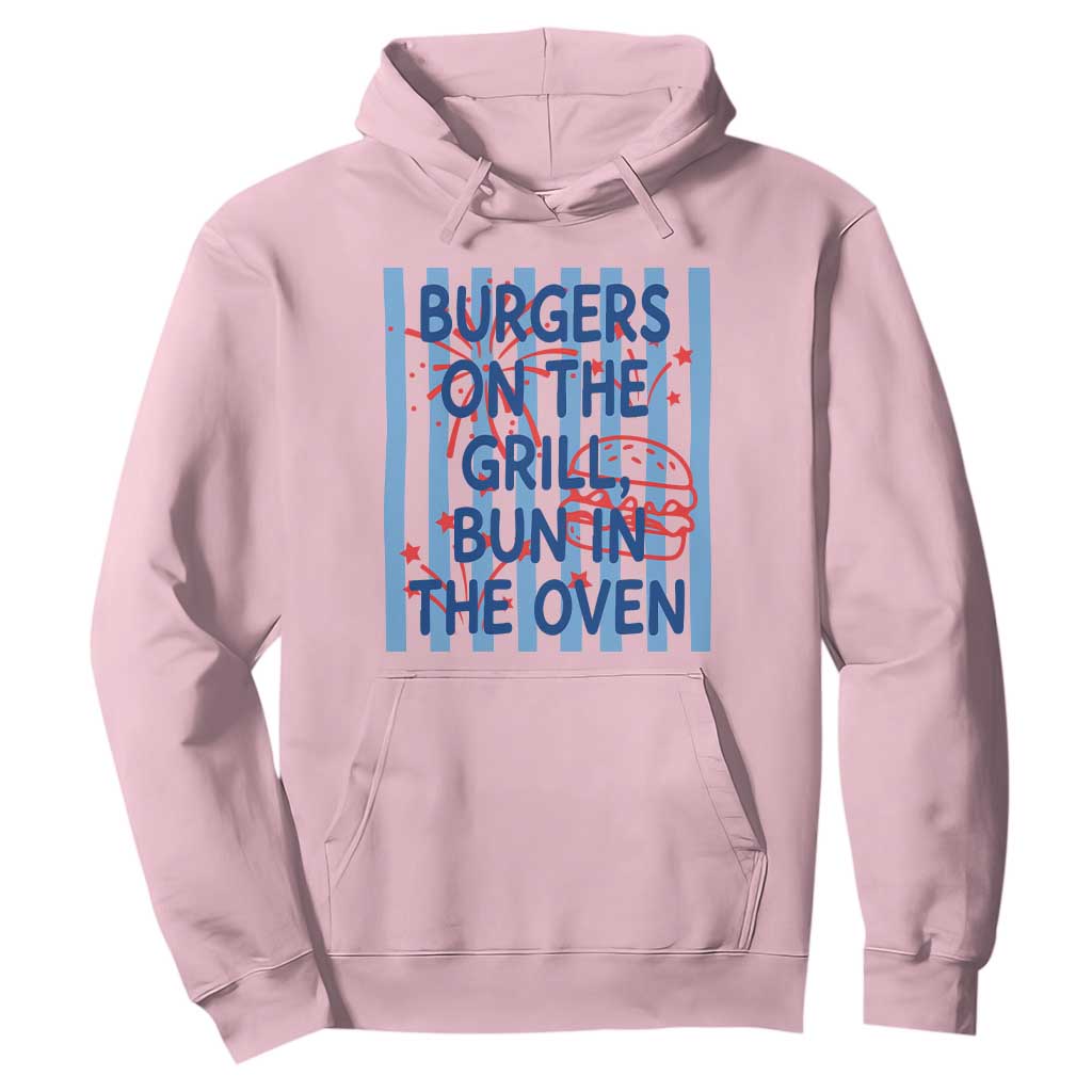 Patriotic 4th of July Pregnancy Announcement Preppy Style Hoodie Burgers On The Grill Bun In The Oven Summer BBQ
