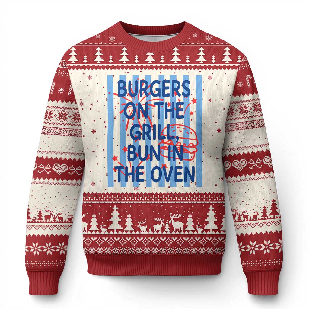 Patriotic 4th of July Pregnancy Announcement Preppy Style Ugly Christmas Sweater Burgers On The Grill Bun In The Oven Summer BBQ