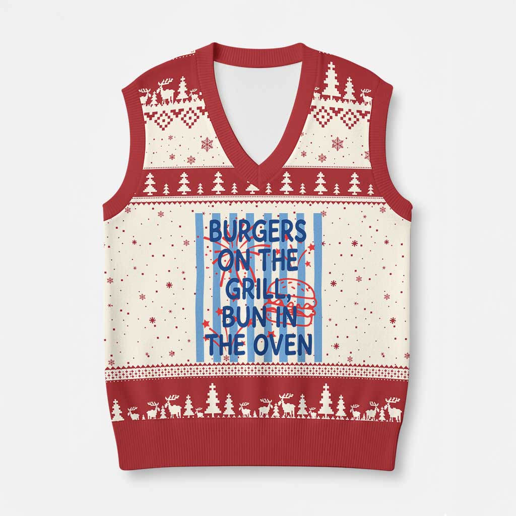Patriotic 4th of July Pregnancy Announcement Preppy Style V-Neck Knit Sweater Vest Burgers On The Grill Bun In The Oven Summer BBQ